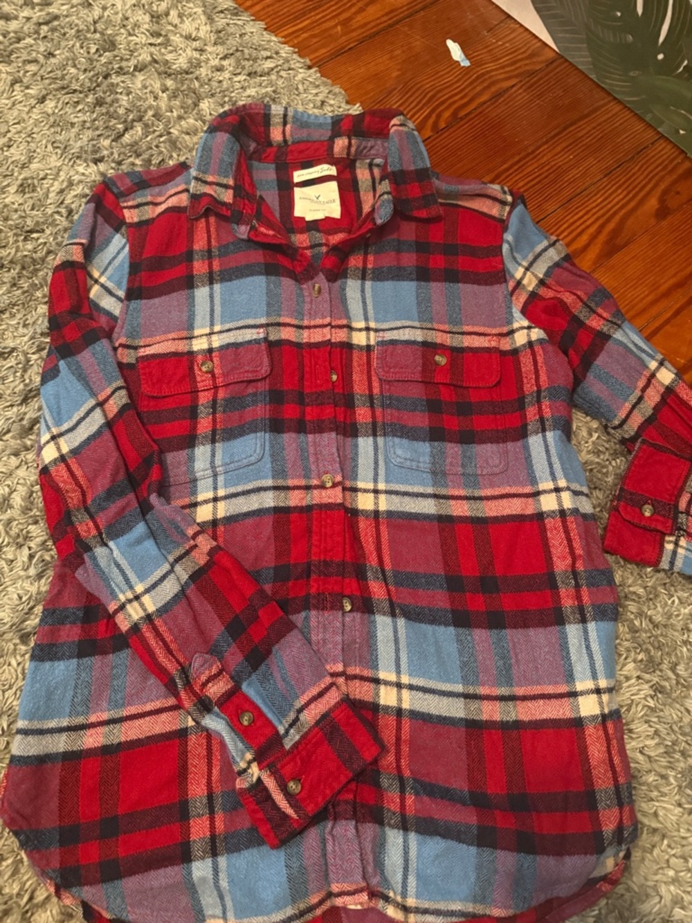 American Eagle Outfitters Red & Light Blue Plaid Button-Down Shirt
